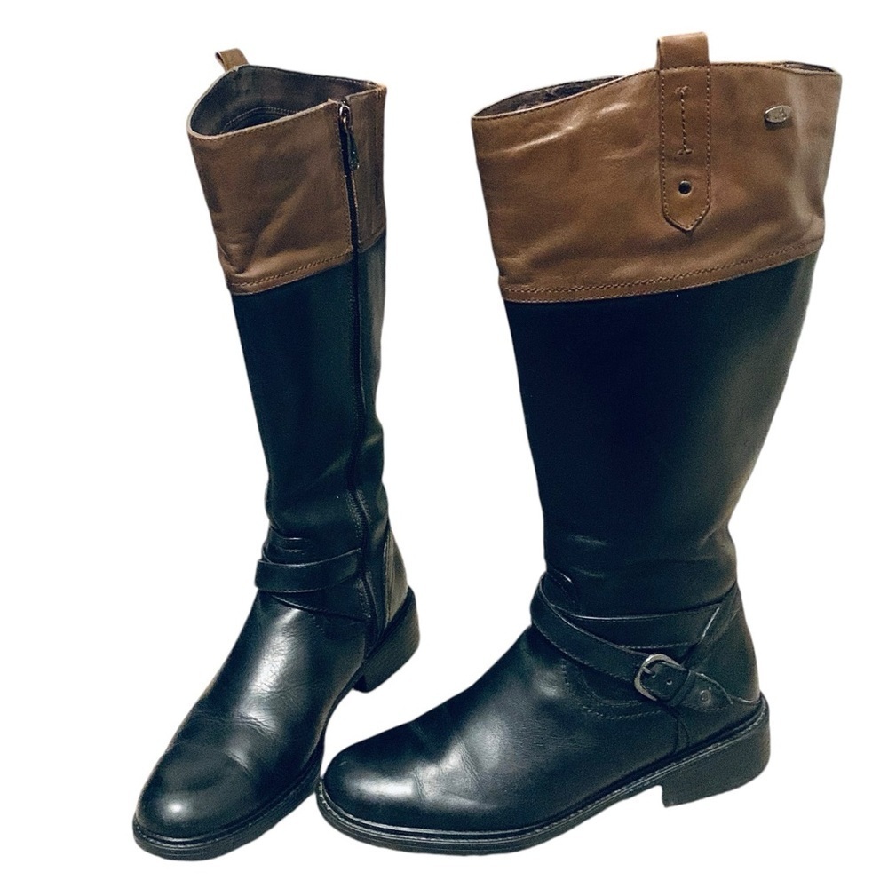 Denver Hayes leather 8.5 tall brown black moto buckle strap pull on riding boots